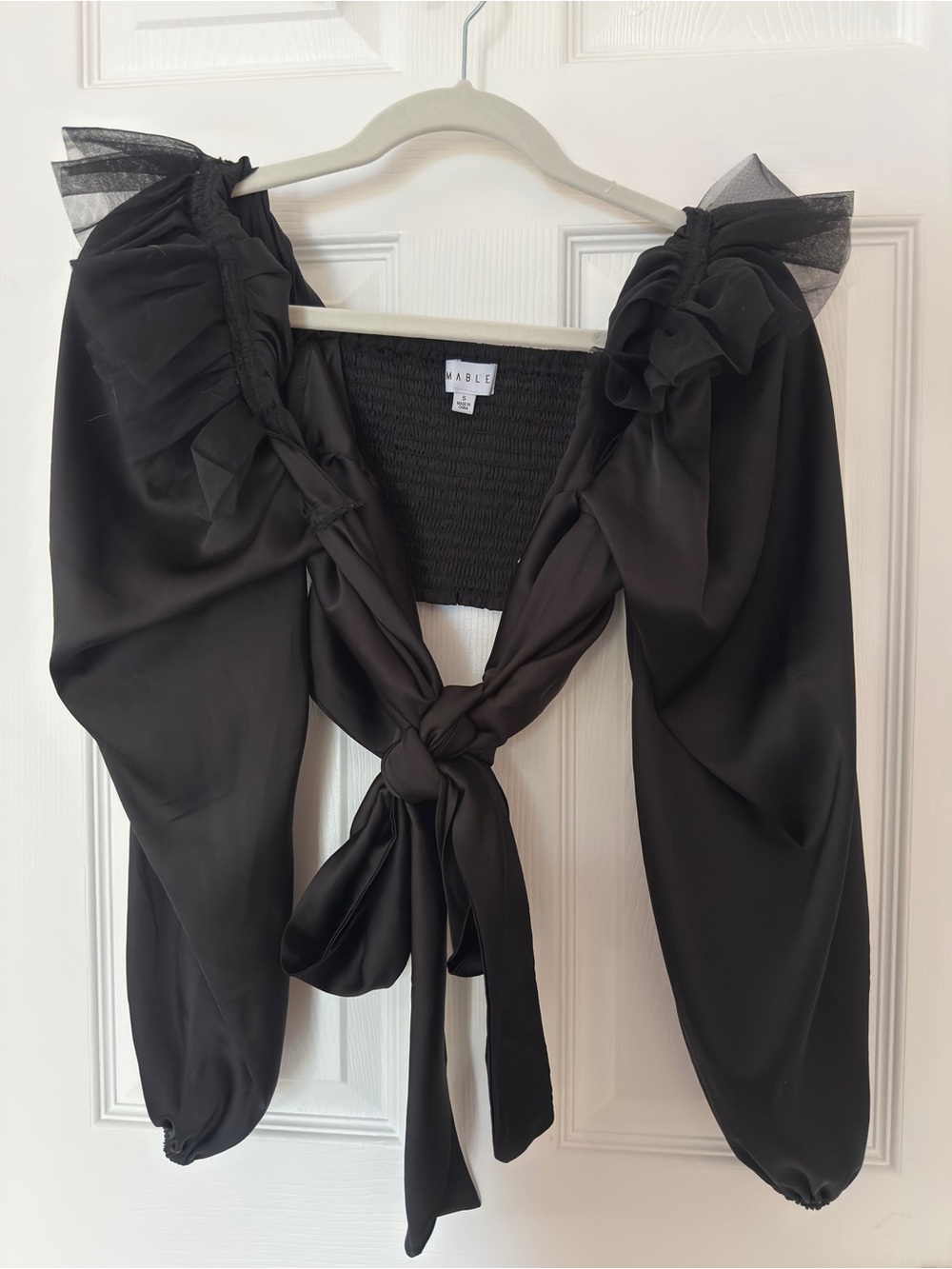 MARBLE Black Tie-Front Puff Sleeve Cropped Blouse, size Small